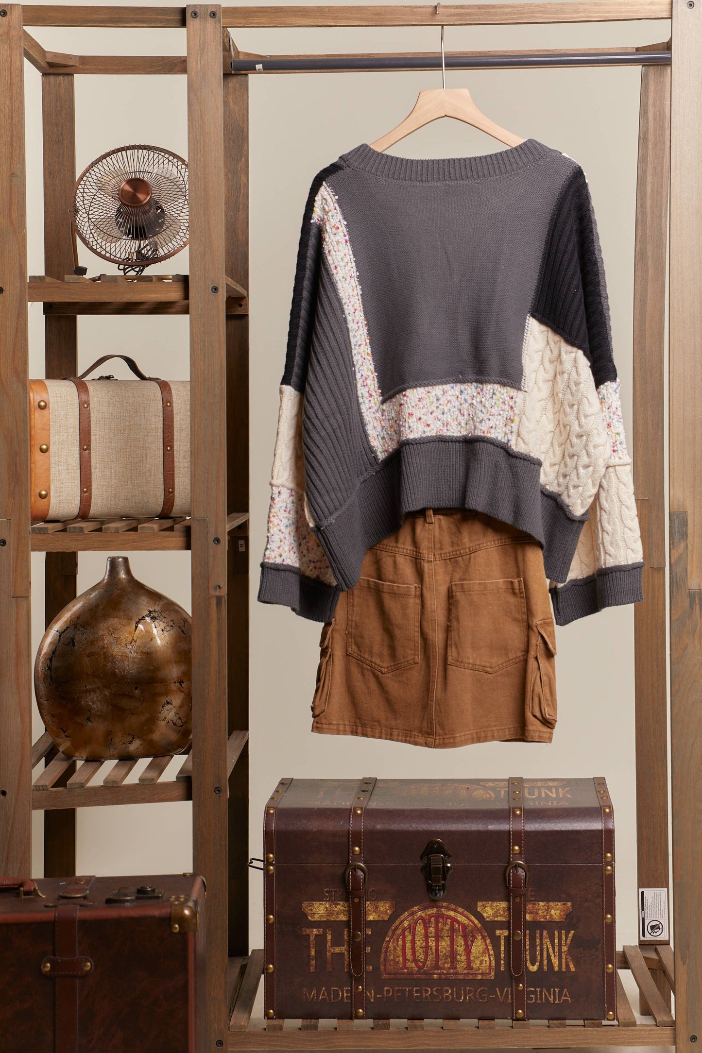 Mello. - Multi Fabric Color Block lace Sweater: Multi Charcoal / S