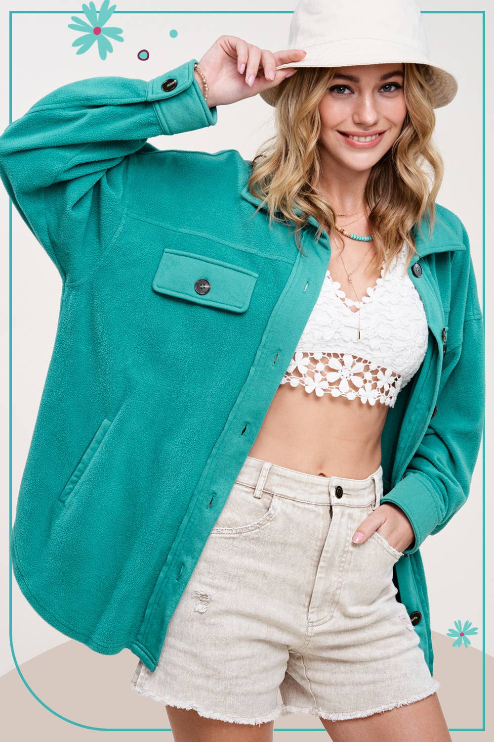 La Miel - JKT1712-Loose Fit Button Down Long Sleeve Fleece Shacket: Dark Teal / L