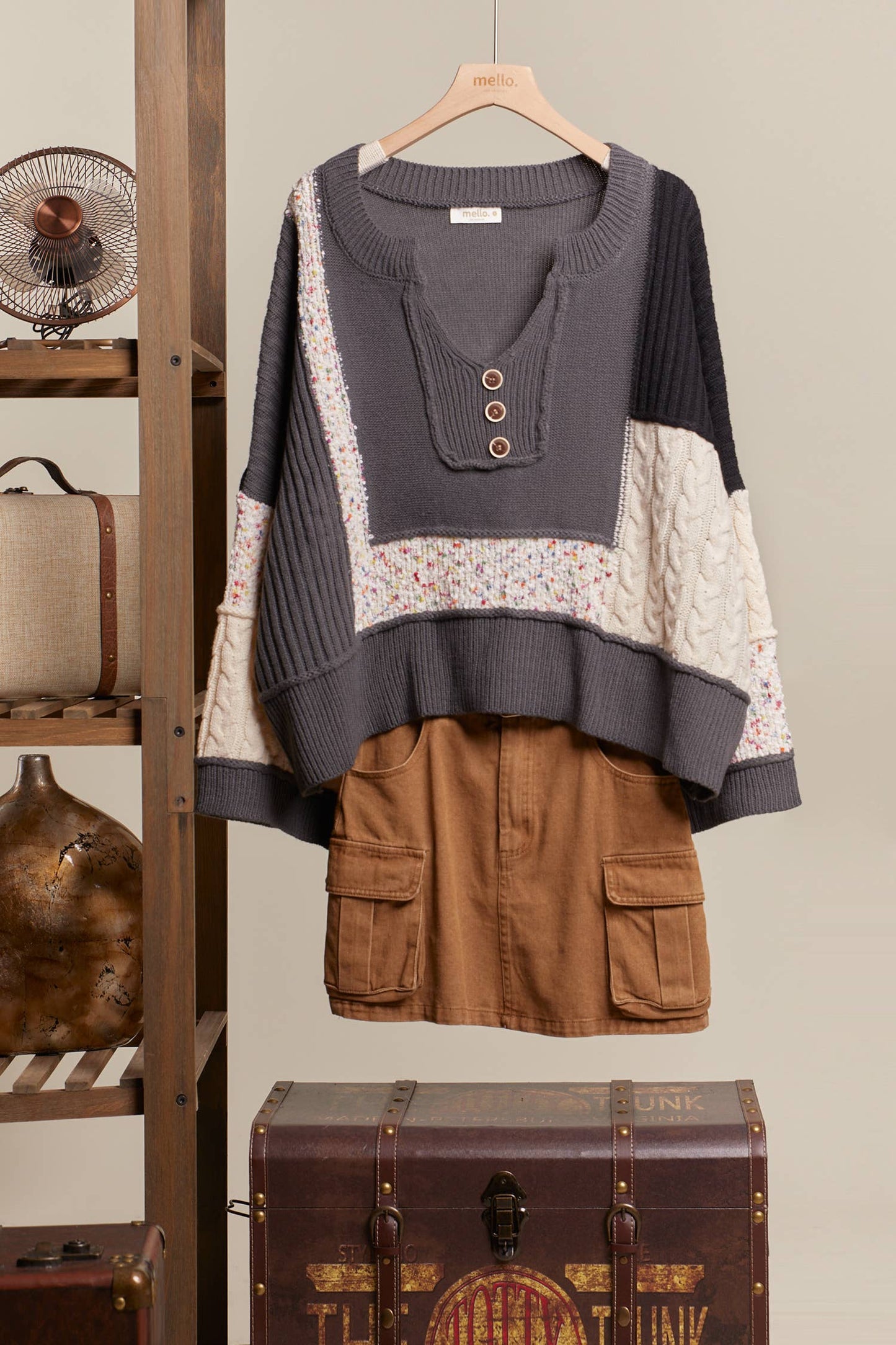 Mello. - Multi Fabric Color Block lace Sweater: Multi Charcoal / S