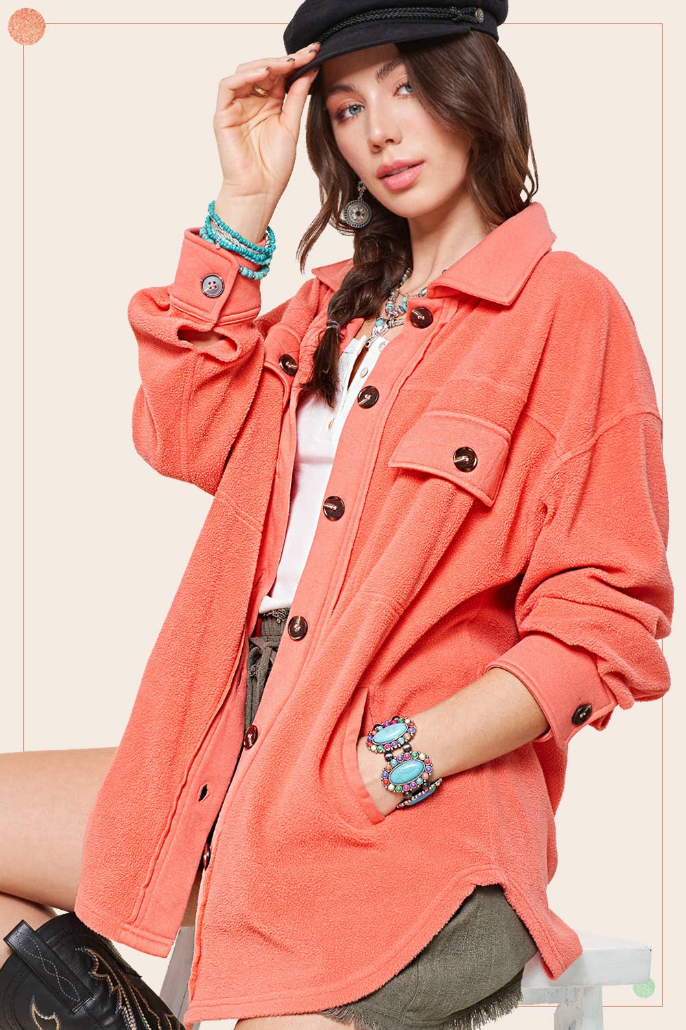 La Miel - JKT1712-Loose Fit Button Down Long Sleeve Fleece Shacket: Dark Teal / L