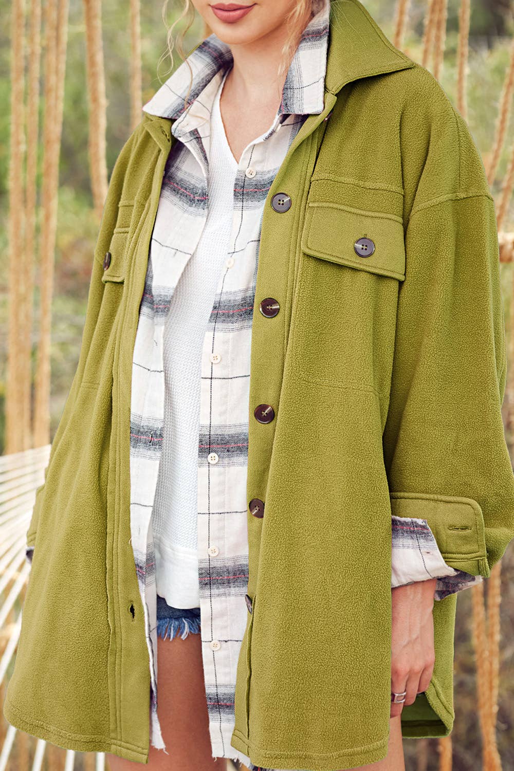 La Miel - JKT1712-Loose Fit Button Down Long Sleeve Fleece Shacket: Dark Teal / L