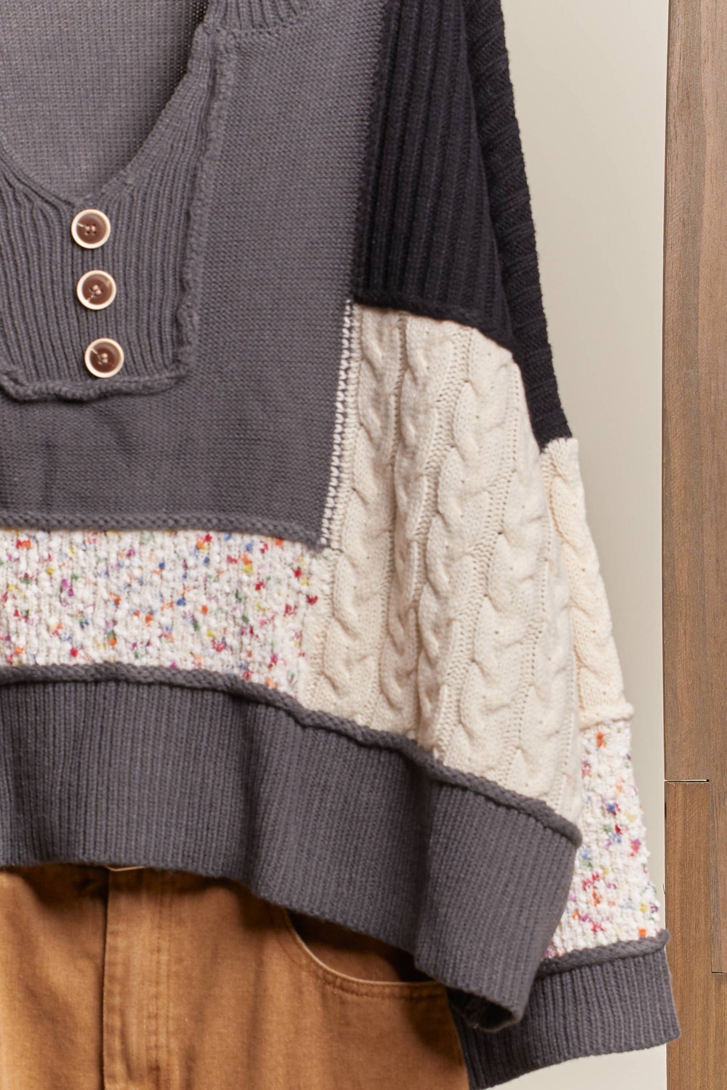 Mello. - Multi Fabric Color Block lace Sweater: Multi Charcoal / S