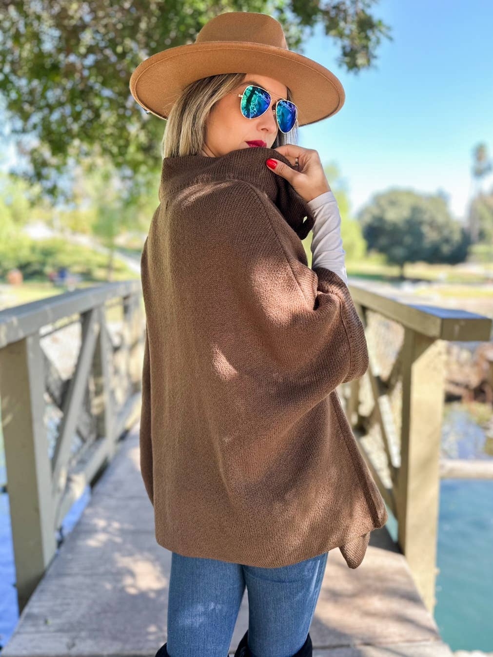 AMOLI - Brown Camel Cardigan with Neck Button: Brown Camel / One Size