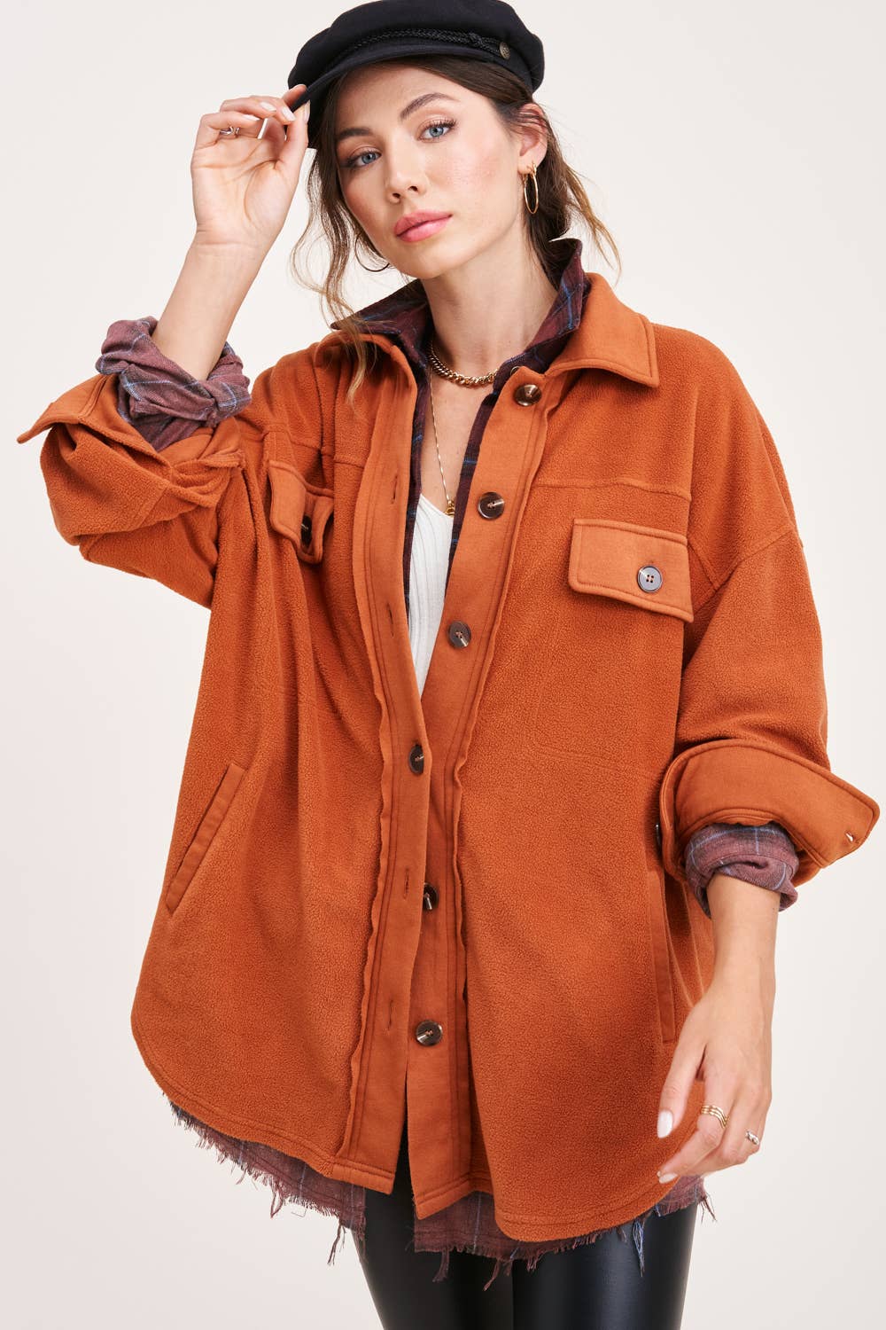 La Miel - JKT1712-Loose Fit Button Down Long Sleeve Fleece Shacket: Dark Teal / L