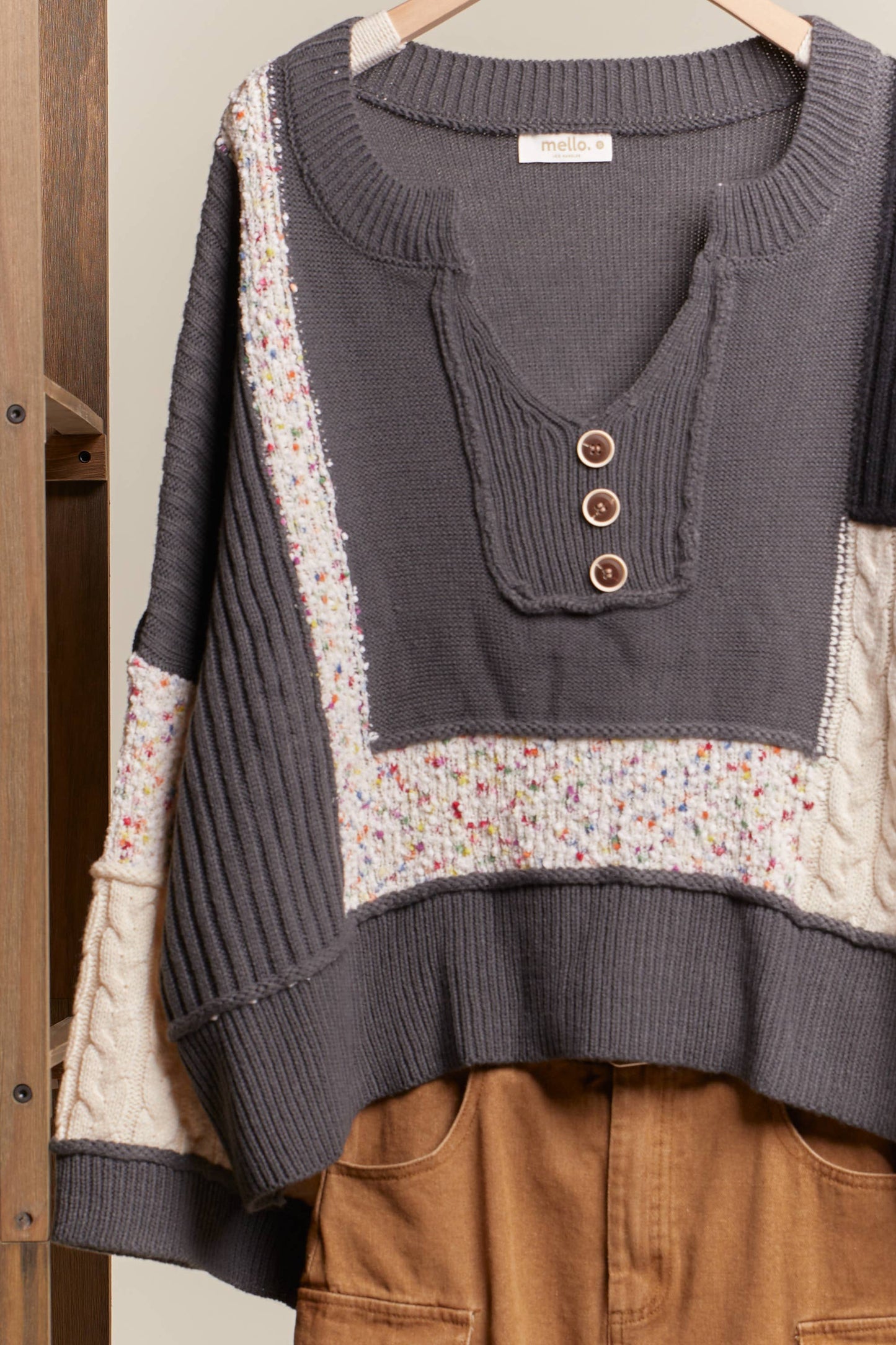Mello. - Multi Fabric Color Block lace Sweater: Multi Charcoal / S