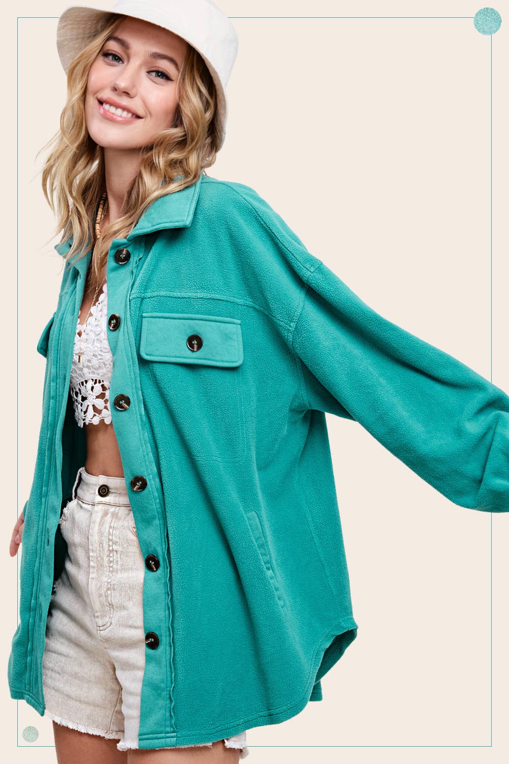 La Miel - JKT1712-Loose Fit Button Down Long Sleeve Fleece Shacket: Dark Teal / L