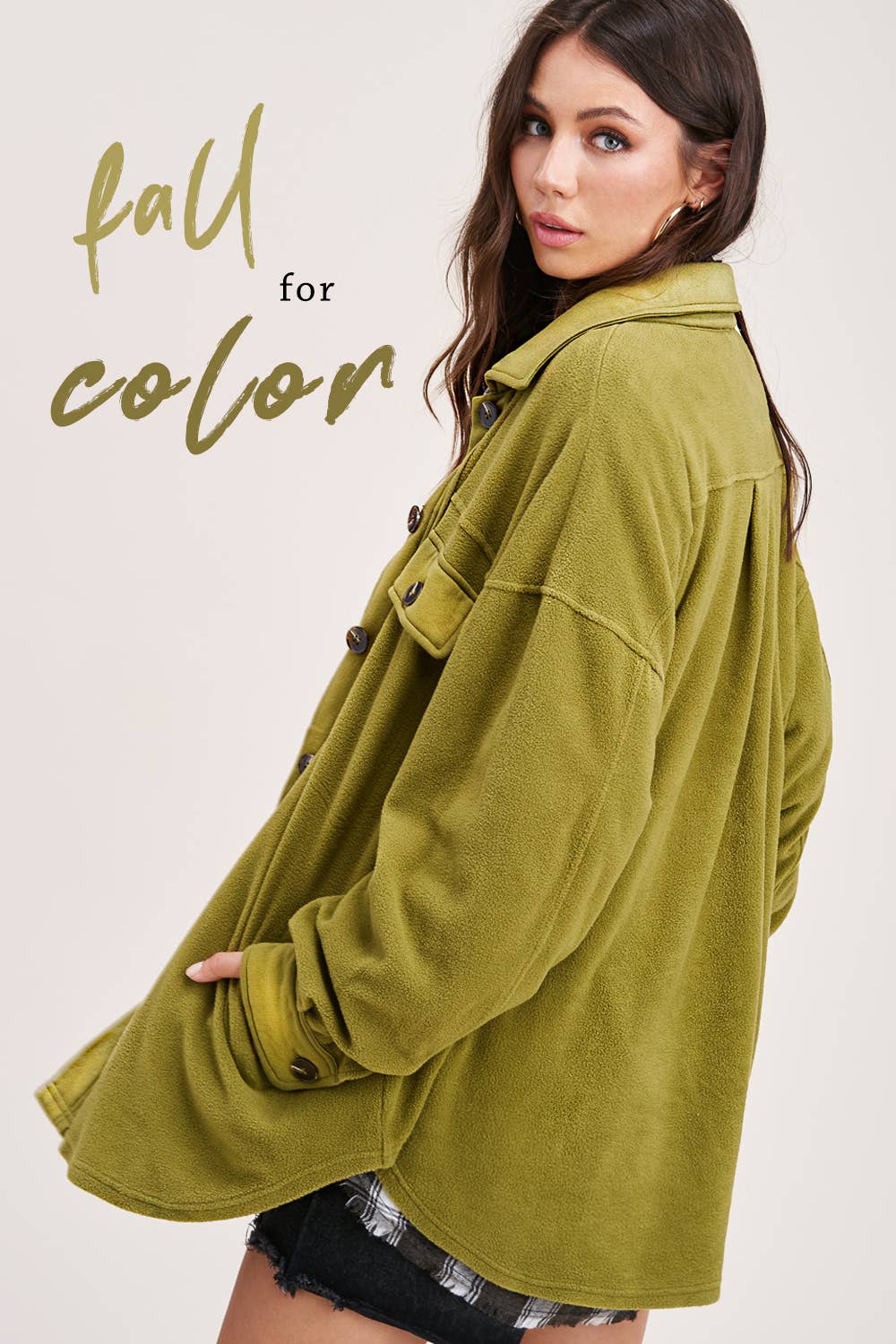 La Miel - JKT1712-Loose Fit Button Down Long Sleeve Fleece Shacket: Dark Teal / L