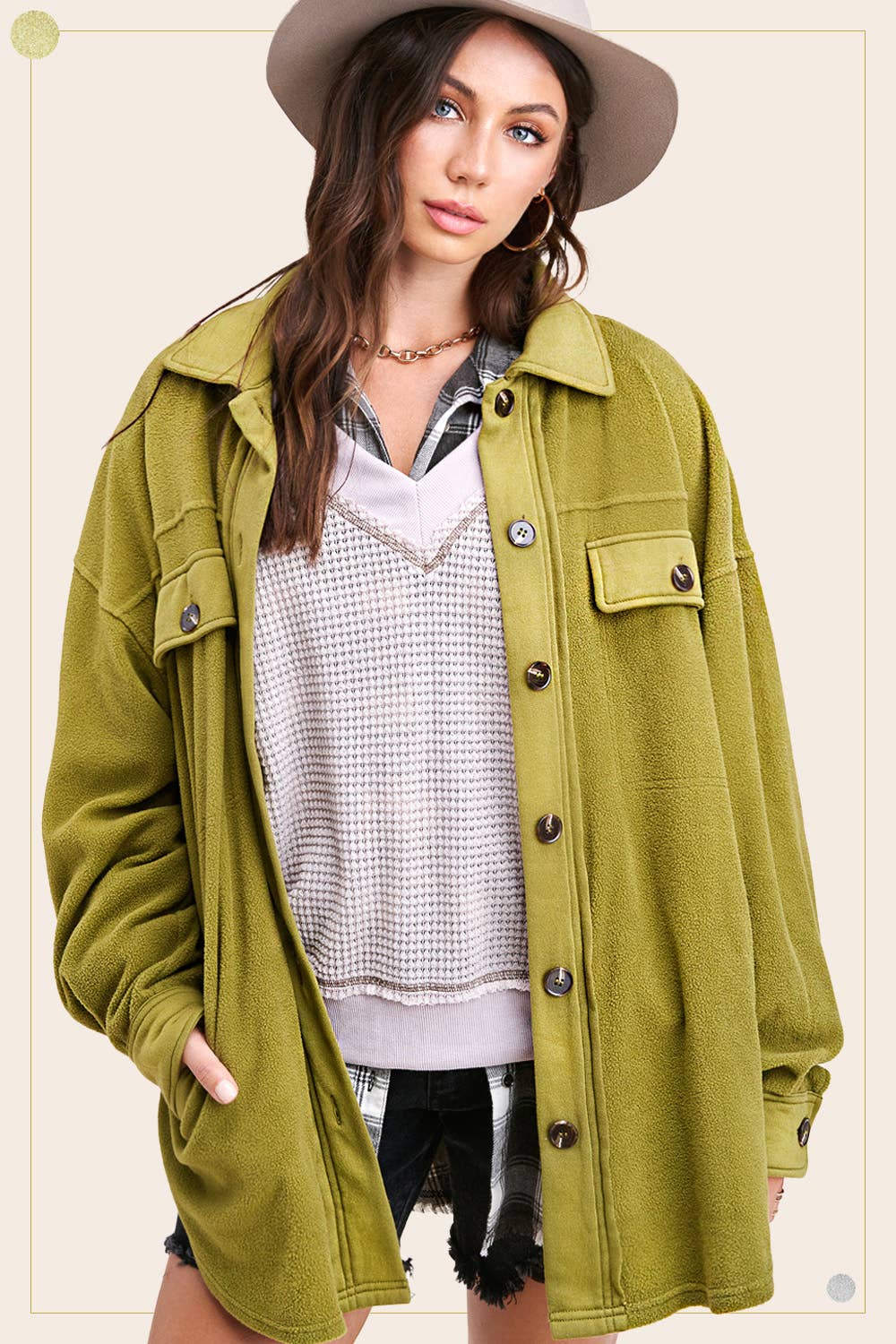 La Miel - JKT1712-Loose Fit Button Down Long Sleeve Fleece Shacket: Dark Teal / L