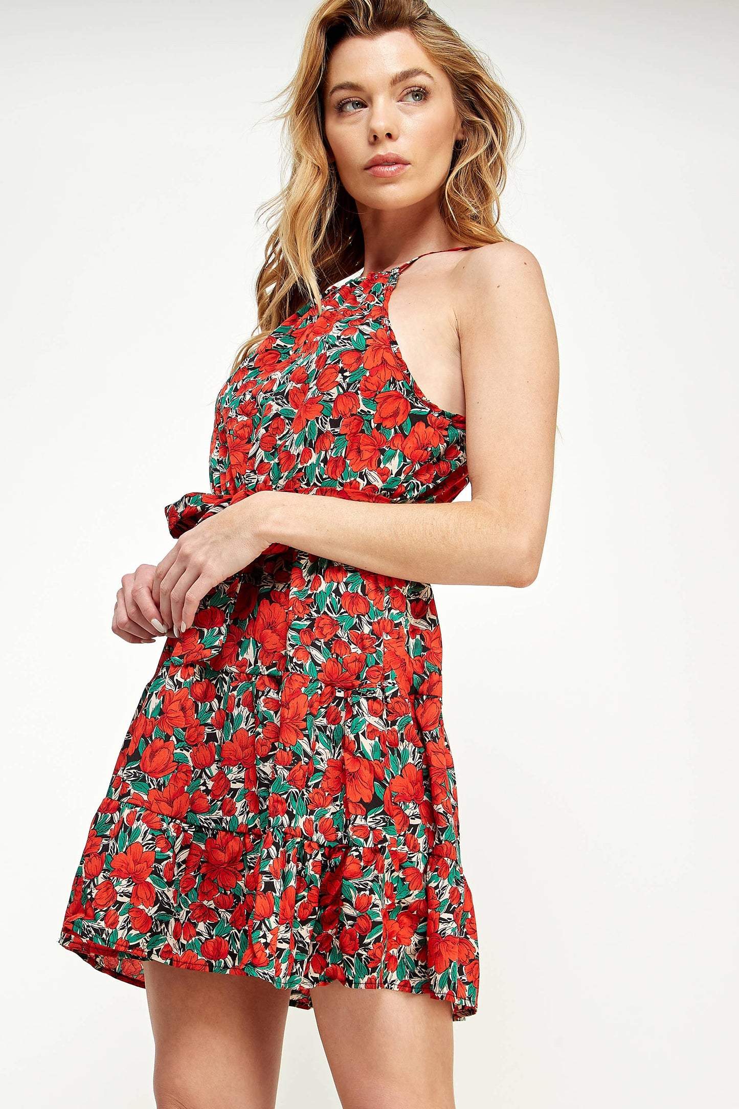 Winsome Apparel - WOVEN FLORAL TIE WAIST HALTER DRESS: SMALL / PURPLE