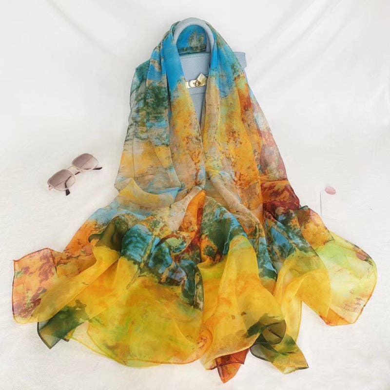 pinkblu02 - Summer Women Fashion Mesh Flower Print Scarf: Tulip-Lake Blue / One Size