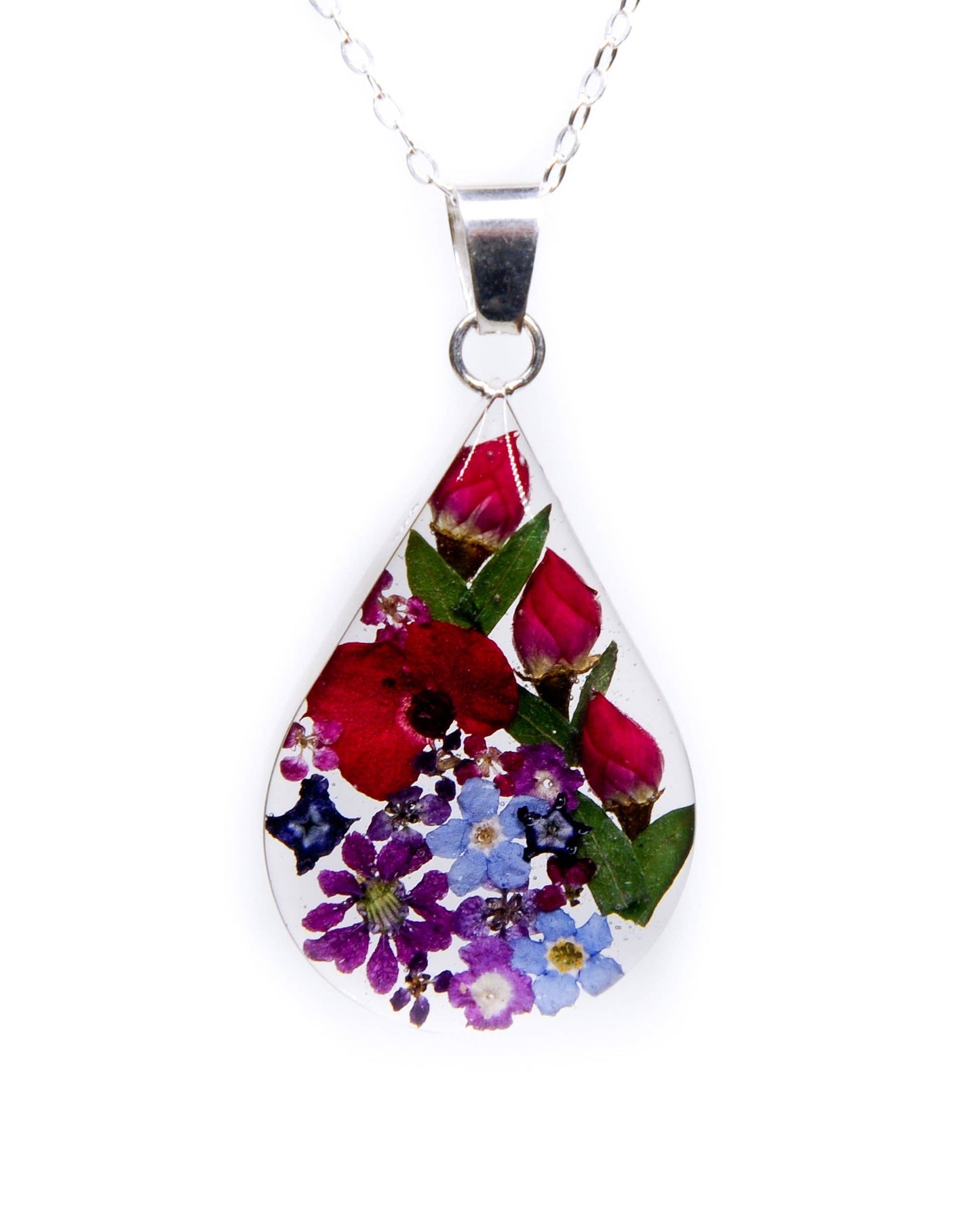 Fresh Jewelry Co - Large Teardrop Mixed Flower and Rosebud Necklace: With Chain