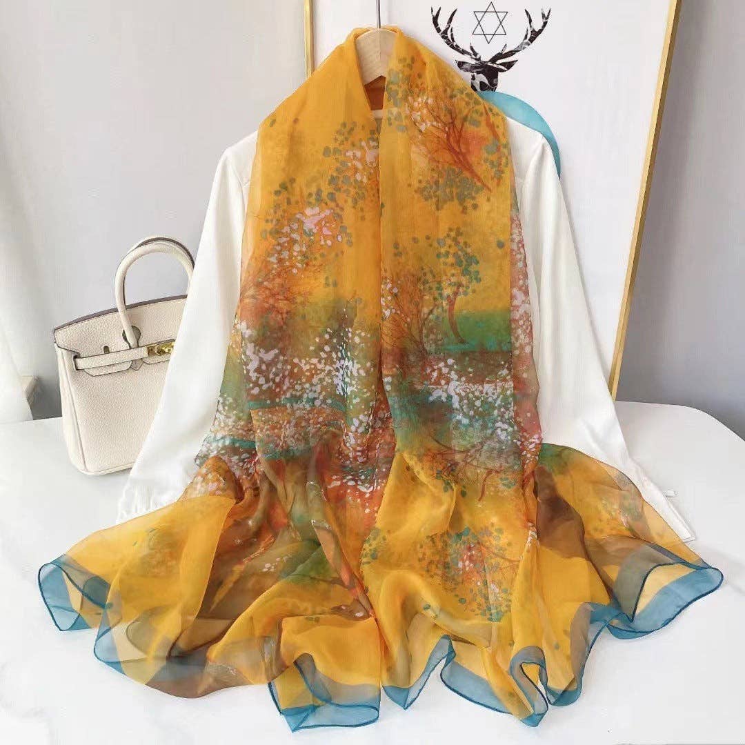 pinkblu02 - Summer Women Fashion Mesh Flower Print Scarf: Tulip-Lake Blue / One Size