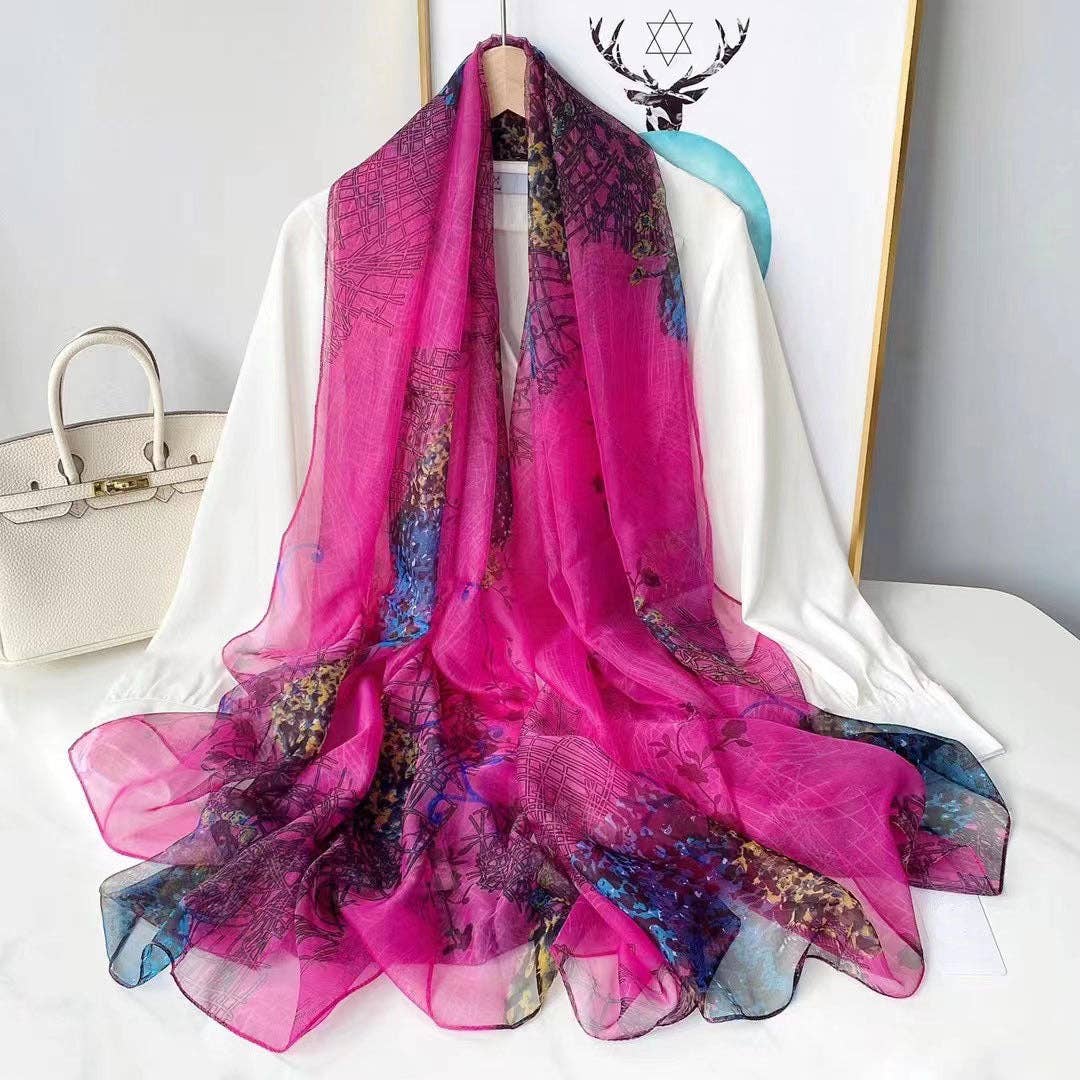 pinkblu02 - Summer Women Fashion Mesh Flower Print Scarf: Tulip-Lake Blue / One Size