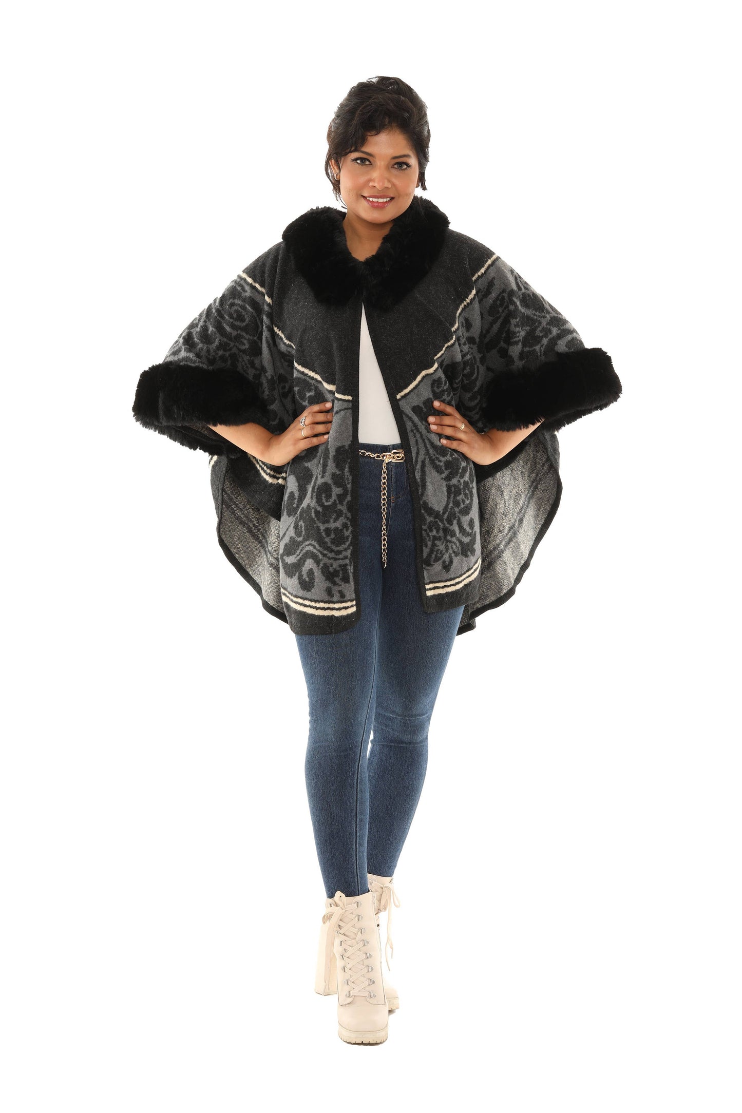 Faux Fur Trimmed BLK OS