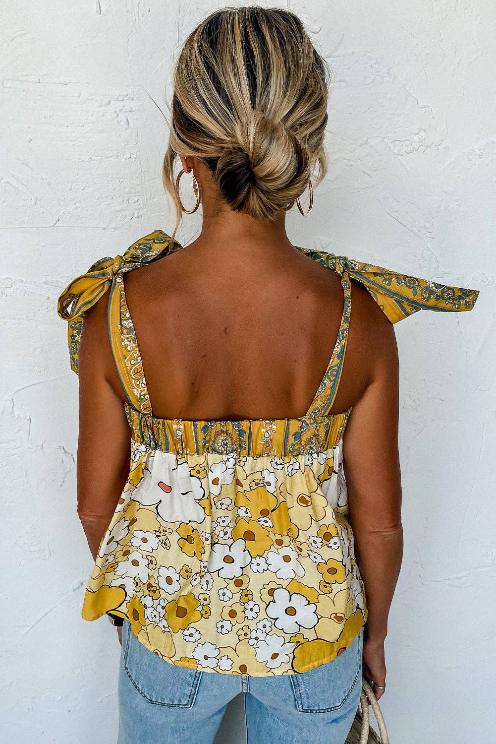 Lovesoft - Yellow Floral Patchwork Tied Straps Buttoned Tank Top: Yellow / L / 100%Viscose