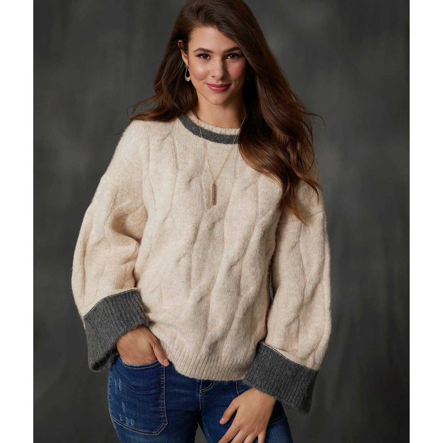 Soft Color Block Cable Sweater: Cream / XXL
