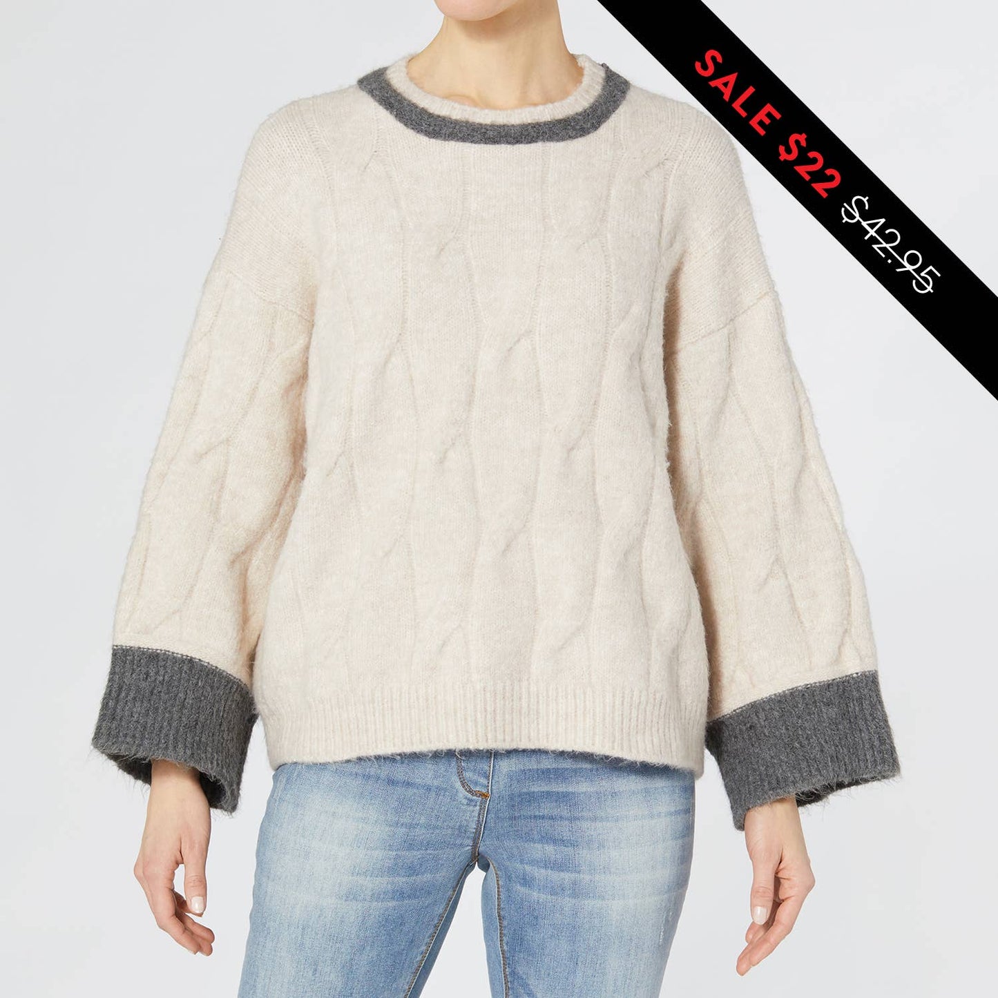 Soft Color Block Cable Sweater: Cream / XXL