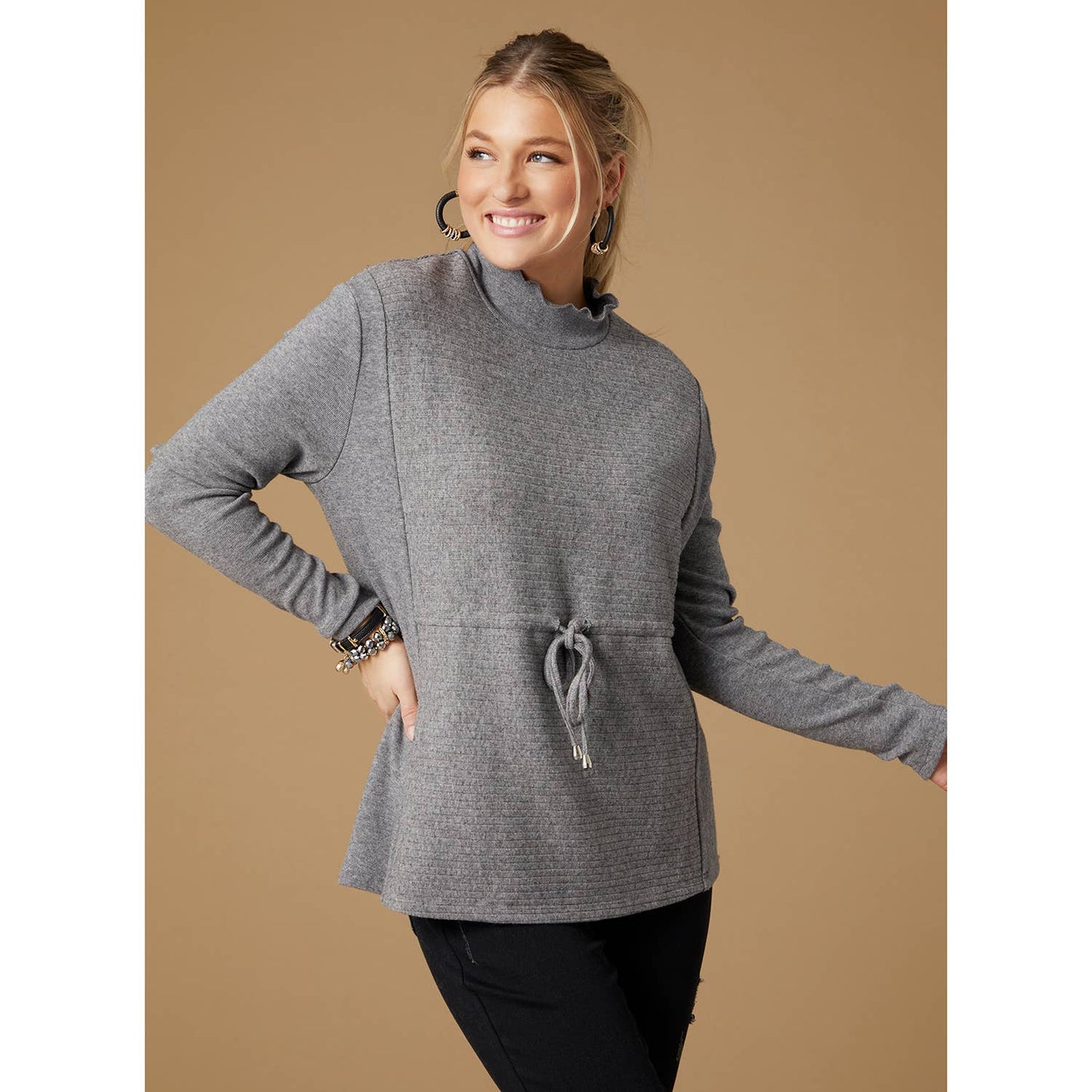 Charity Knit Top with Drawstring Waist: L/XL / Mid Heather Grey