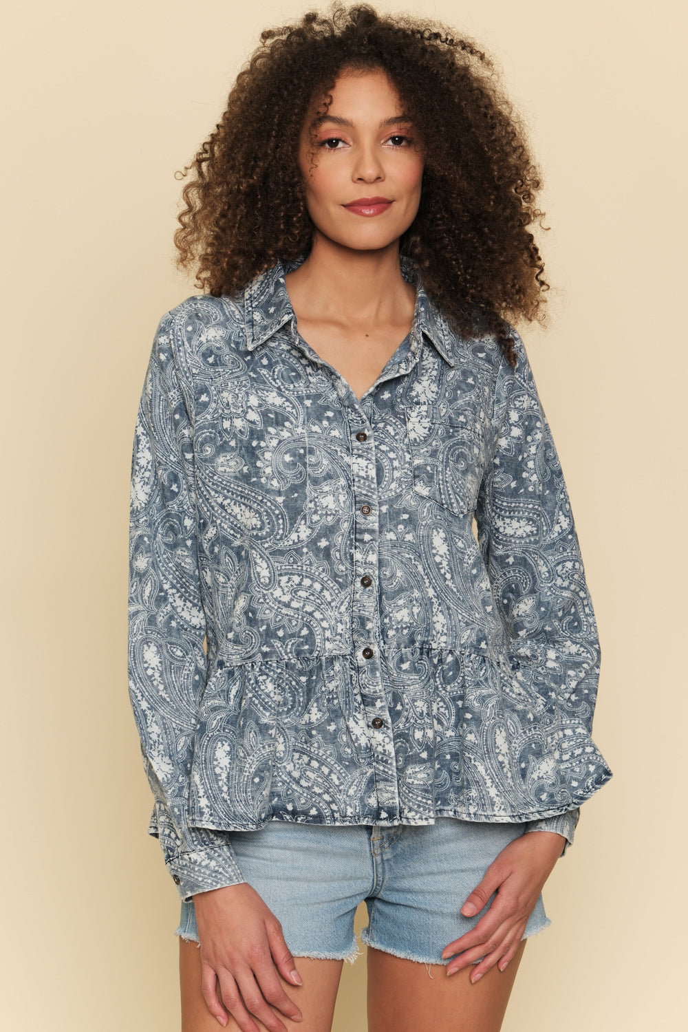 Denim Print Button Down Ruffled Shirt