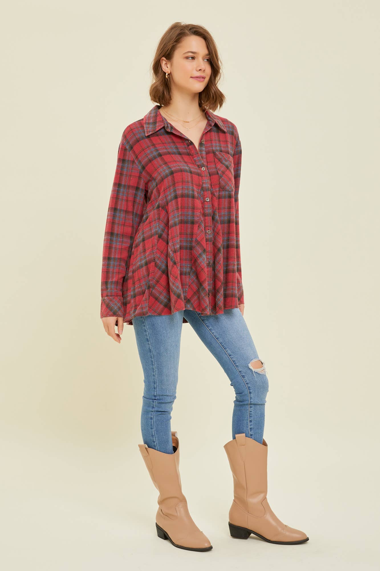 ET1596 WESTERN WASHED PLAID SHIRT: S / RED