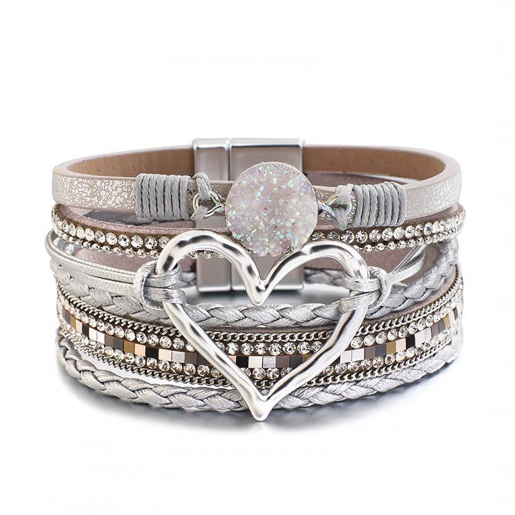 Lovesoft - Bohemian Heart Rhinestone Magnetic Buckle Bracelet: ONE SIZE / Alloy / Silver Gray-Silver