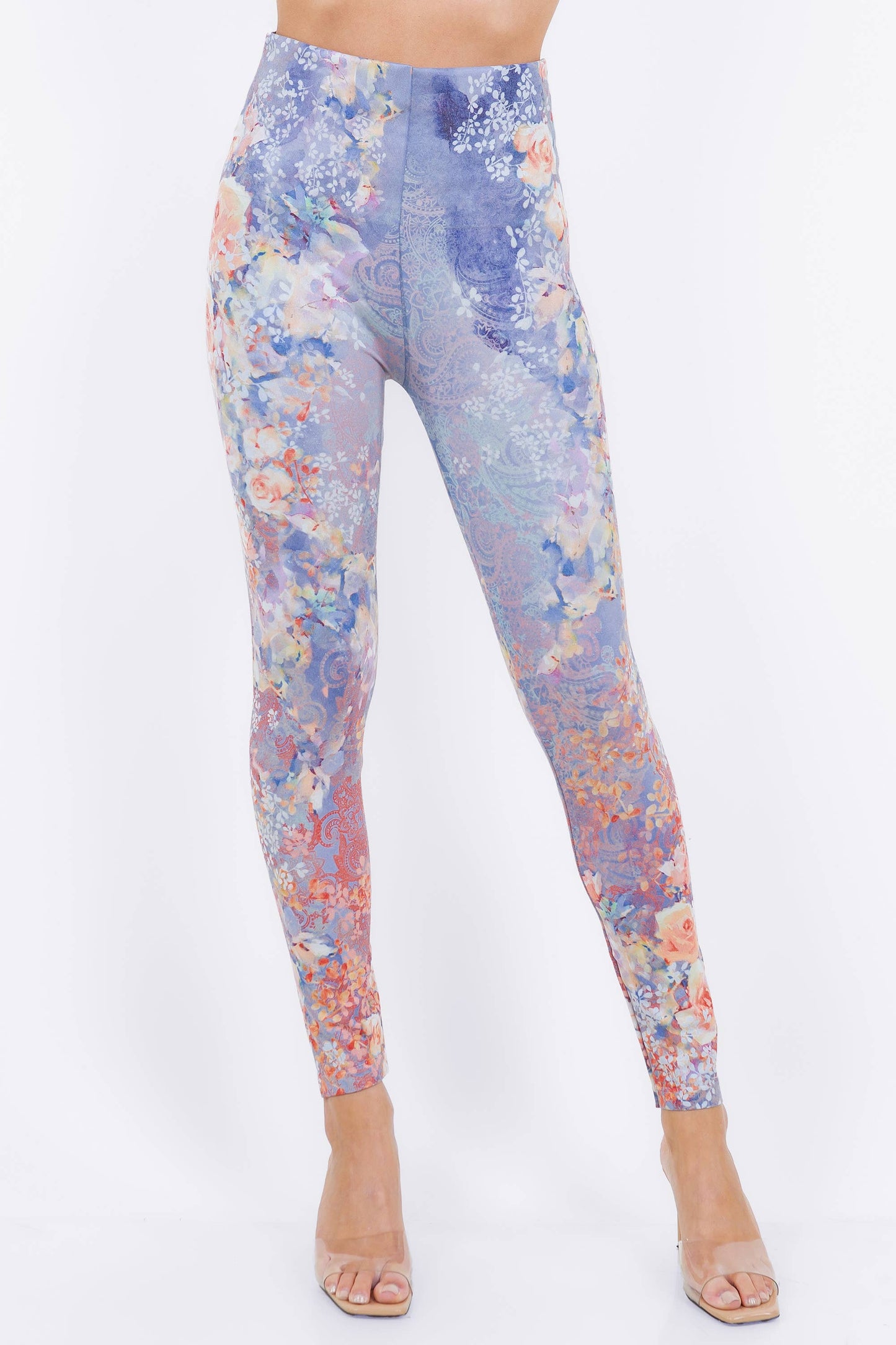 M.Rena - Watercolor Roses and Confetti Foliage Pattern Leggings (HV): Full Length / Plus Size / Wind Chime