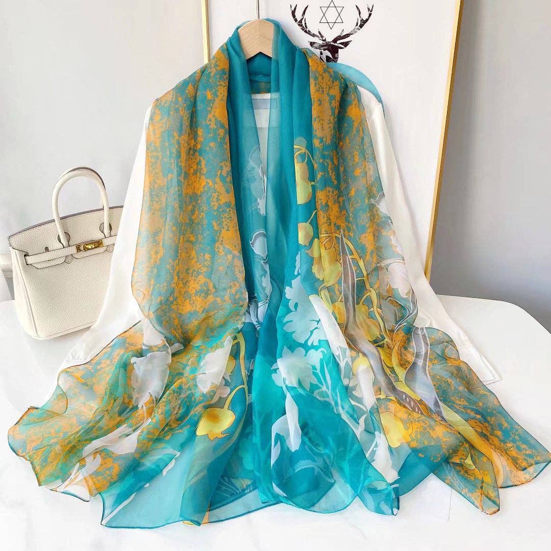 pinkblu02 - Summer Women Fashion Mesh Flower Print Scarf: Tulip-Lake Blue / One Size