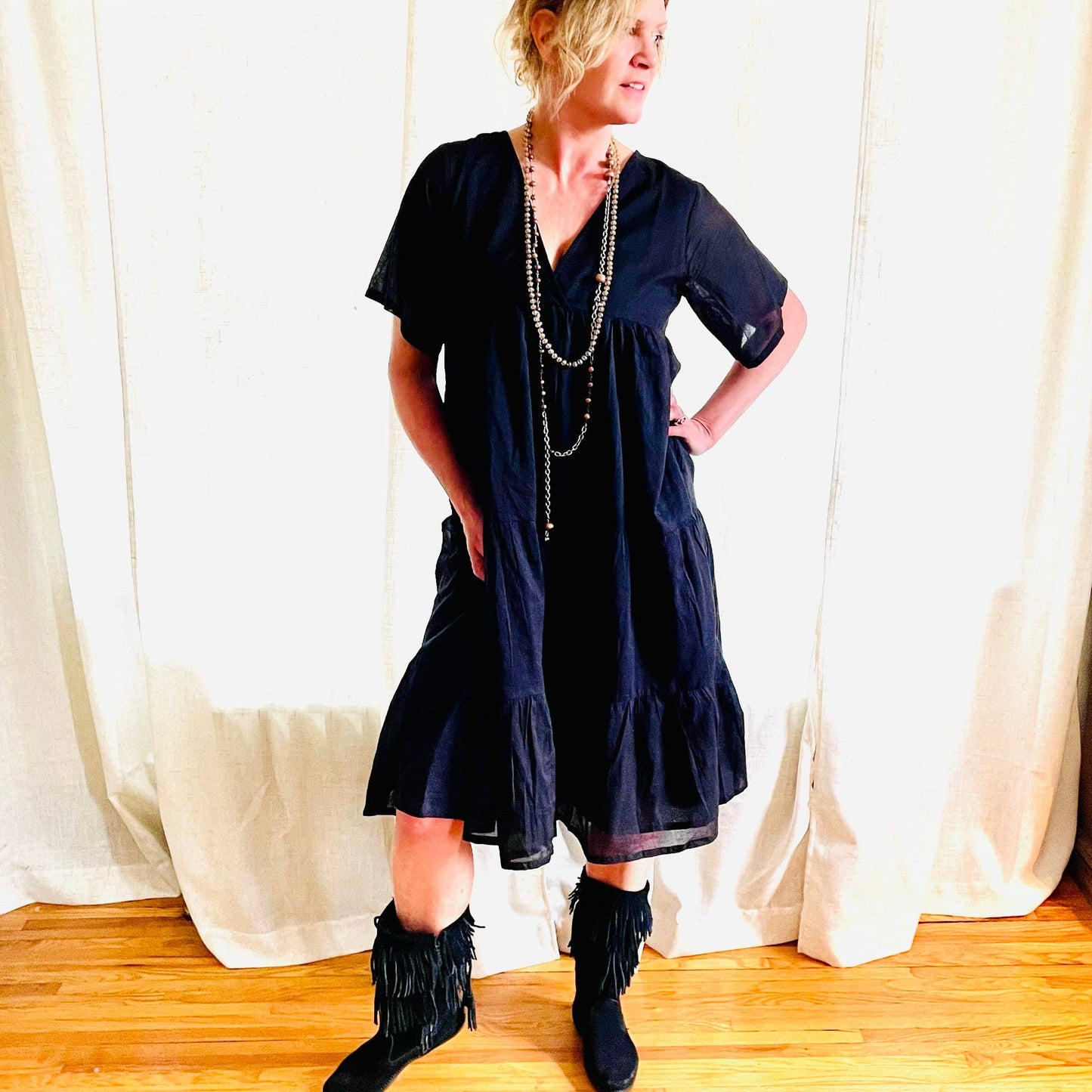 Bohemian Grace - Madelyn Black Cotton Midi Dress.: Medium