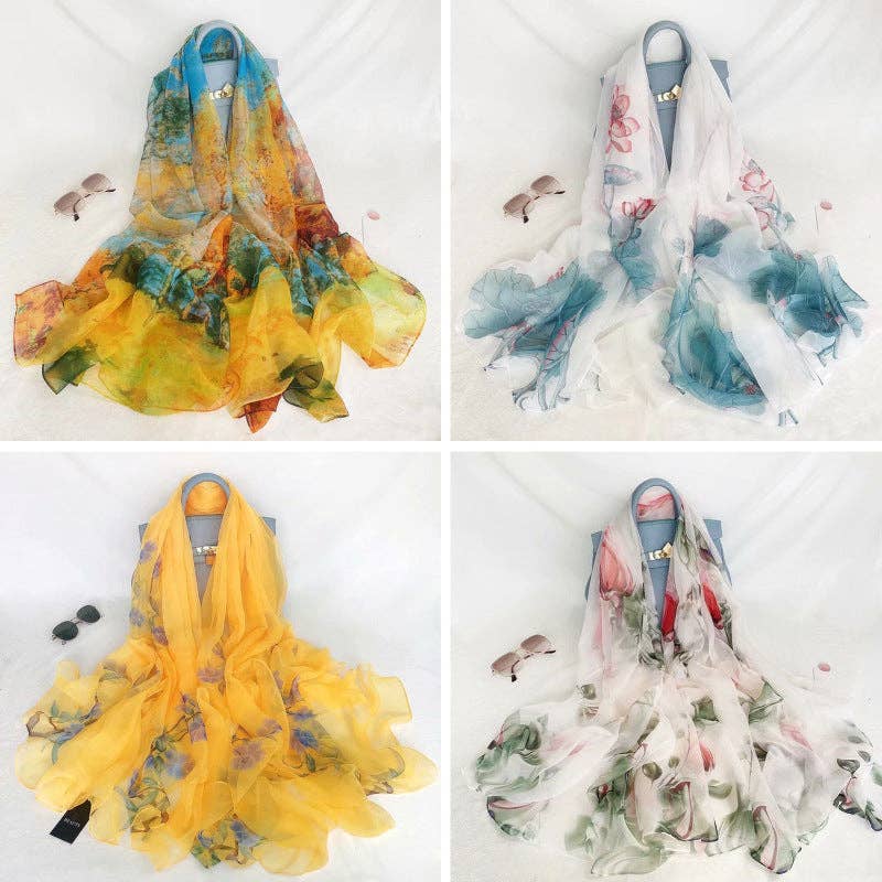 pinkblu02 - Summer Women Fashion Mesh Flower Print Scarf: Tulip-Lake Blue / One Size