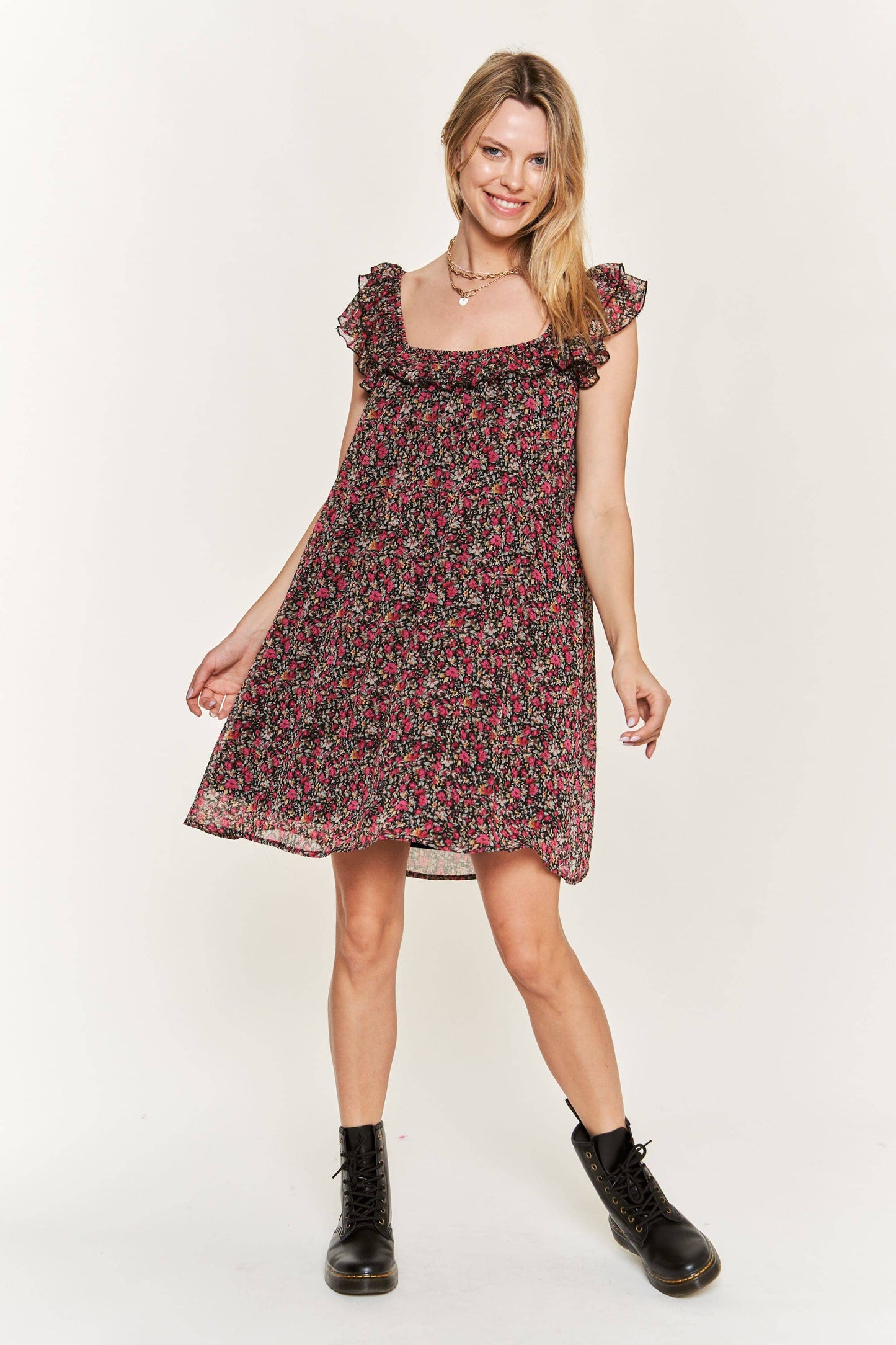 Floral & Ruffle mini dress RED/BLK / S