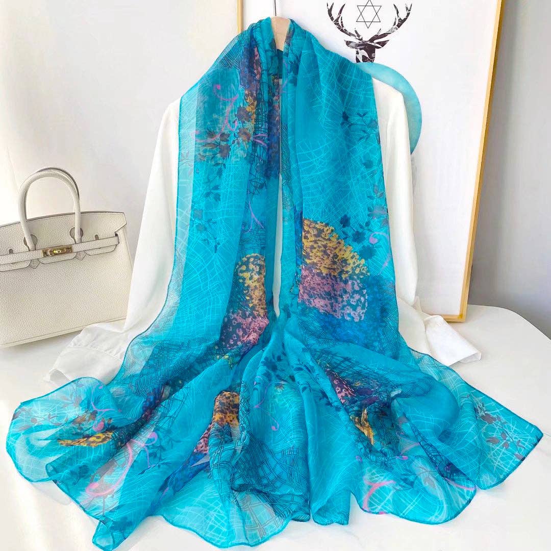 pinkblu02 - Summer Women Fashion Mesh Flower Print Scarf: Tulip-Lake Blue / One Size
