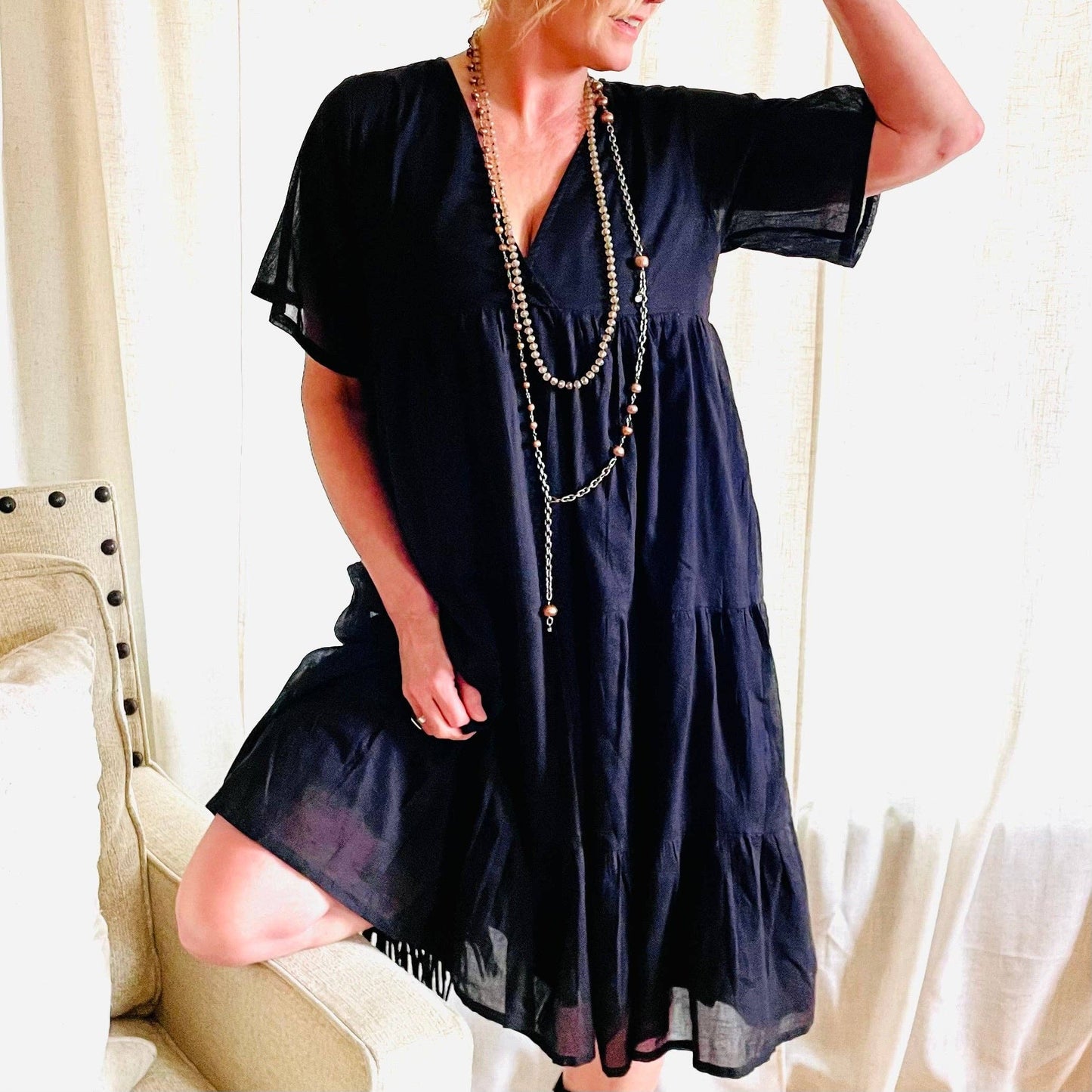 Bohemian Grace - Madelyn Black Cotton Midi Dress.: Medium