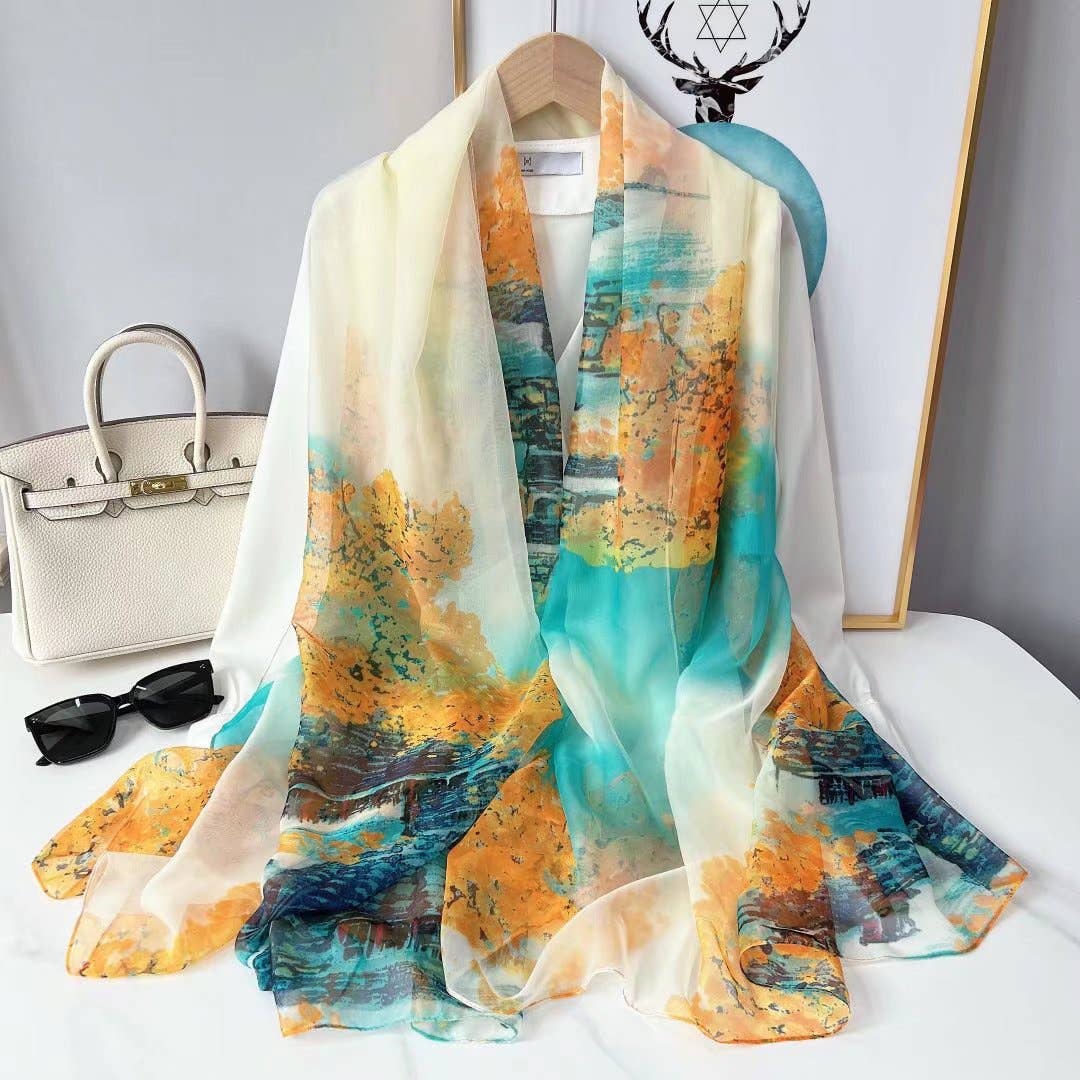 pinkblu02 - Summer Women Fashion Mesh Flower Print Scarf: Tulip-Lake Blue / One Size