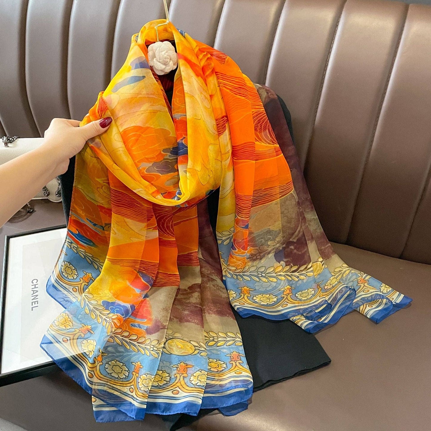 pinkblu02 - Summer Women Fashion Mesh Flower Print Scarf: Tulip-Lake Blue / One Size