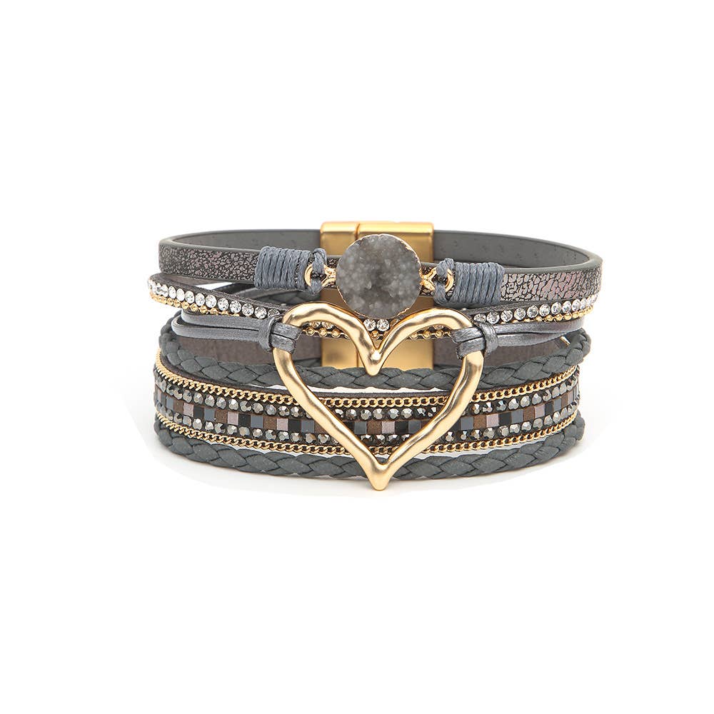 Lovesoft - Bohemian Heart Rhinestone Magnetic Buckle Bracelet: ONE SIZE / Alloy / Silver Gray-Silver