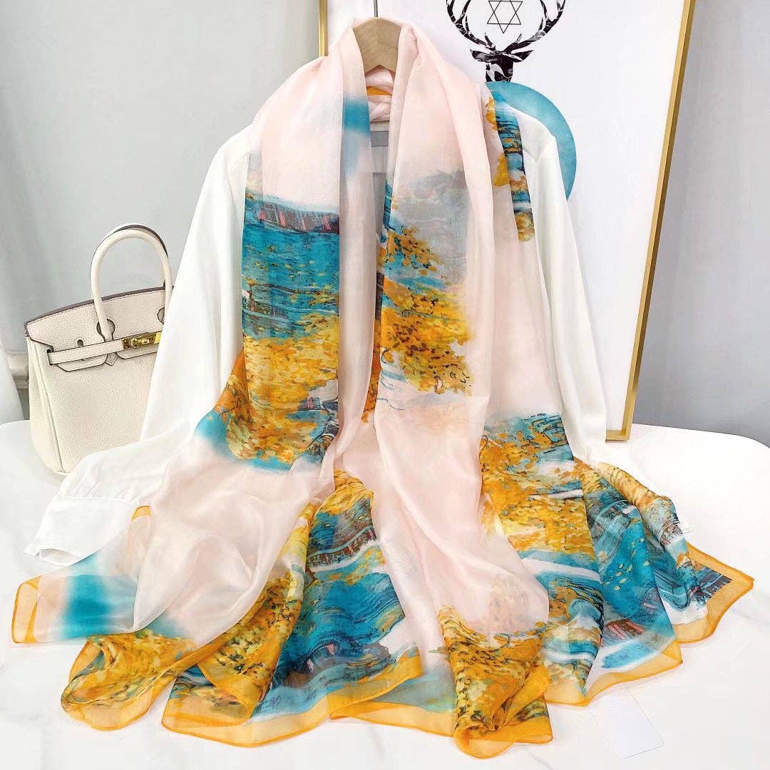 pinkblu02 - Summer Women Fashion Mesh Flower Print Scarf: Tulip-Lake Blue / One Size