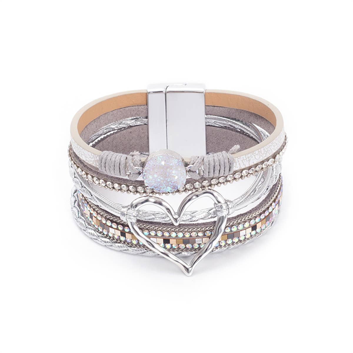 Lovesoft - Bohemian Heart Rhinestone Magnetic Buckle Bracelet: ONE SIZE / Alloy / Silver Gray-Silver