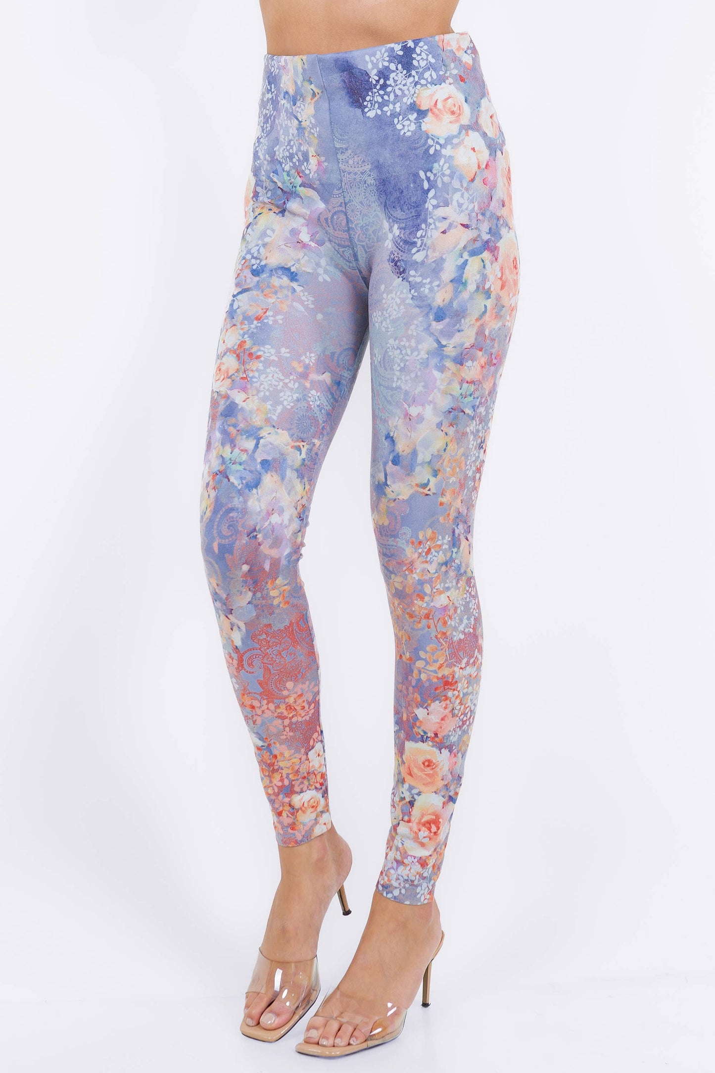 M.Rena - Watercolor Roses and Confetti Foliage Pattern Leggings (HV): Full Length / Plus Size / Wind Chime