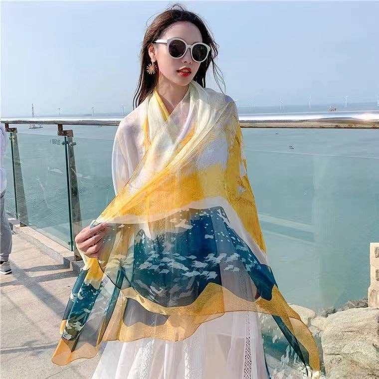 pinkblu02 - Summer Women Fashion Mesh Flower Print Scarf: Tulip-Lake Blue / One Size