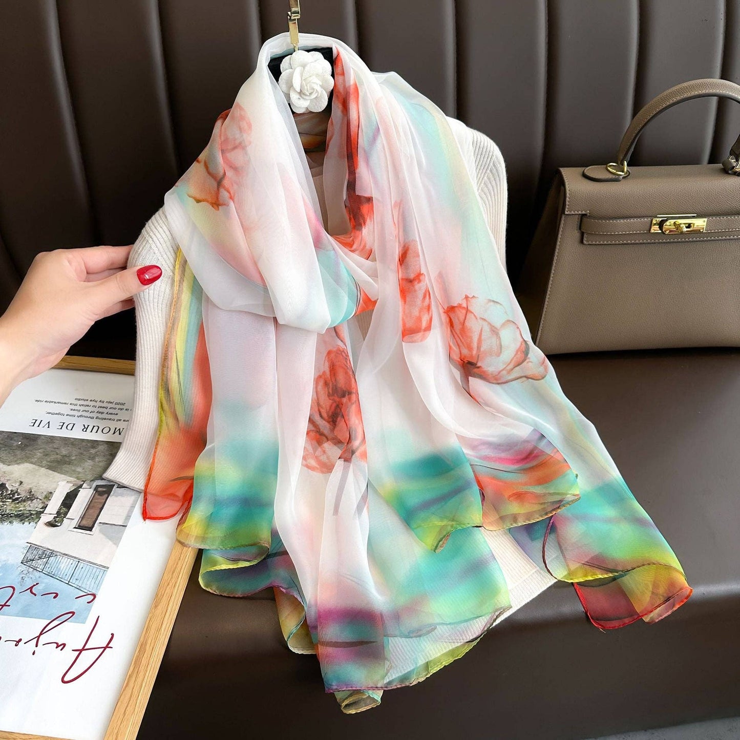 pinkblu02 - Summer Women Fashion Mesh Flower Print Scarf: Tulip-Lake Blue / One Size