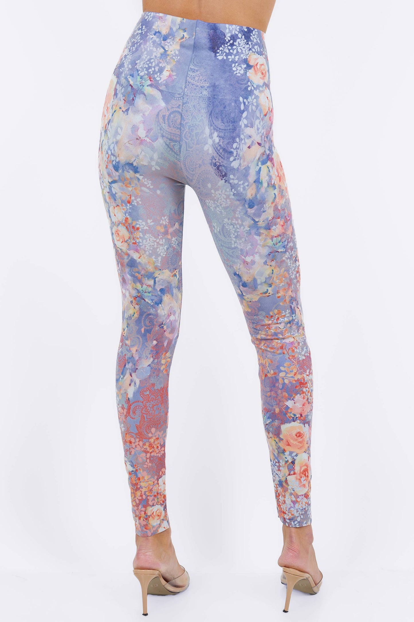 M.Rena - Watercolor Roses and Confetti Foliage Pattern Leggings (HV): Full Length / Plus Size / Wind Chime