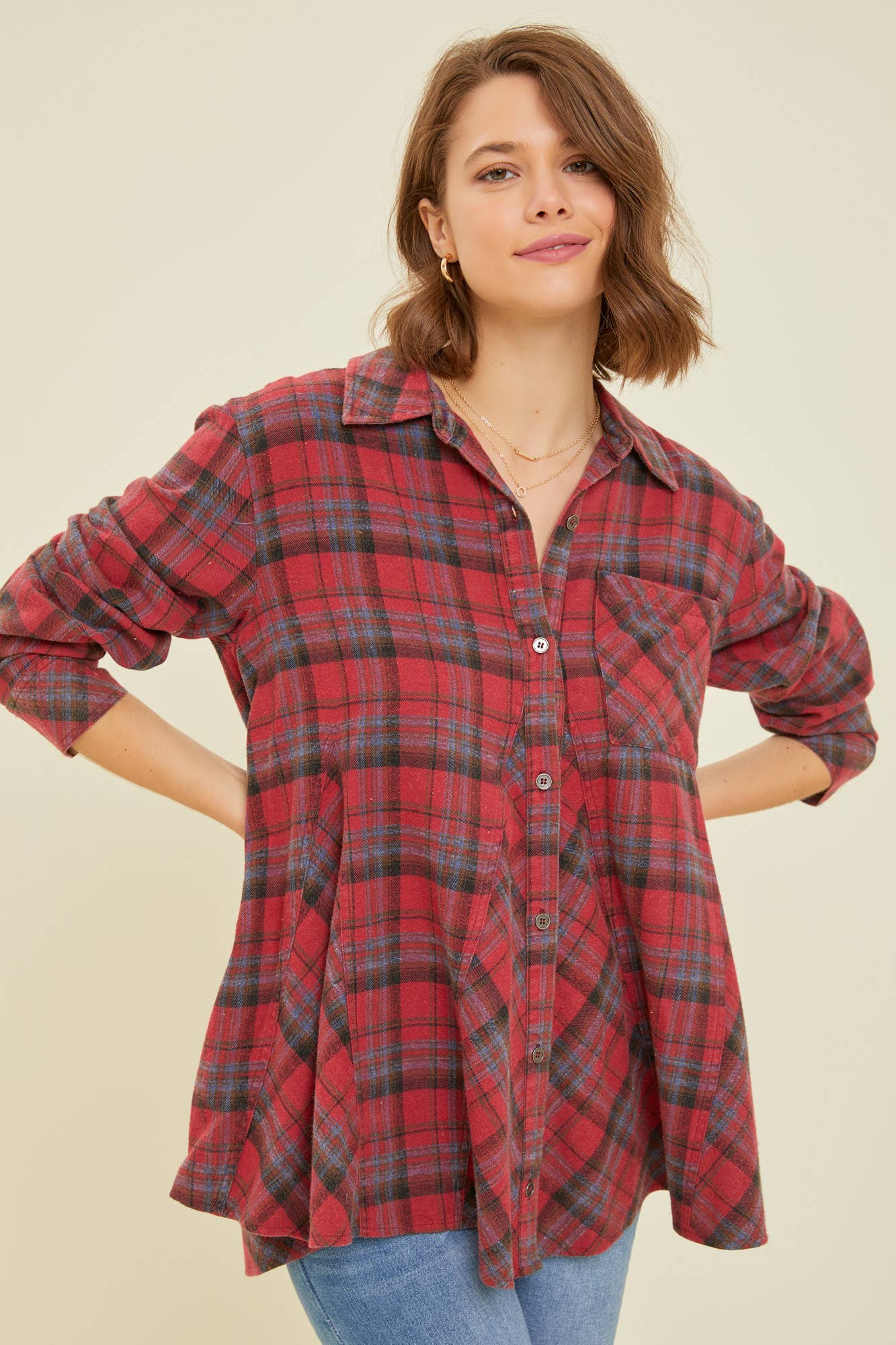 ET1596 WESTERN WASHED PLAID SHIRT: L / RED