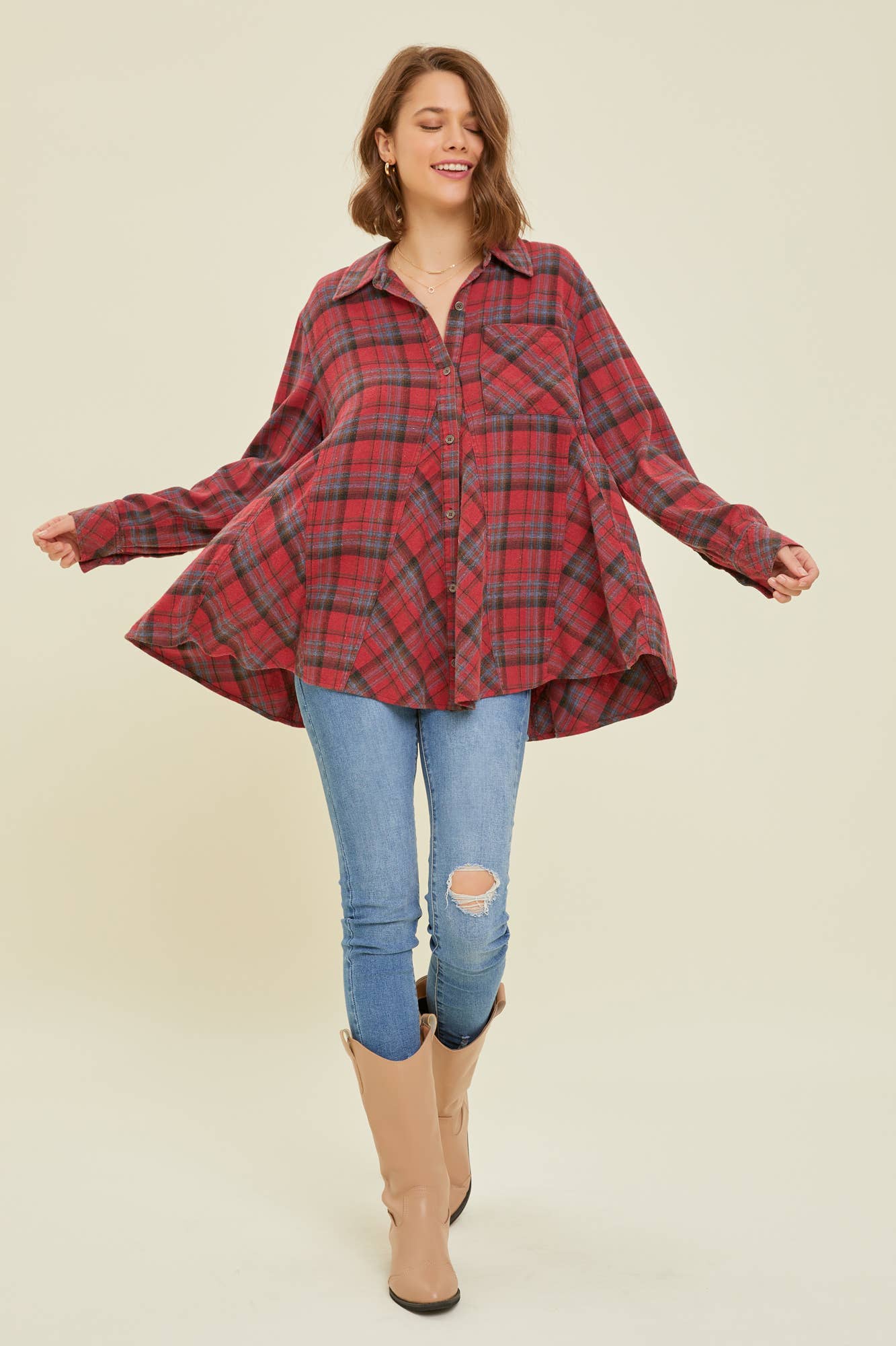ET1596 WESTERN WASHED PLAID SHIRT: M / RED