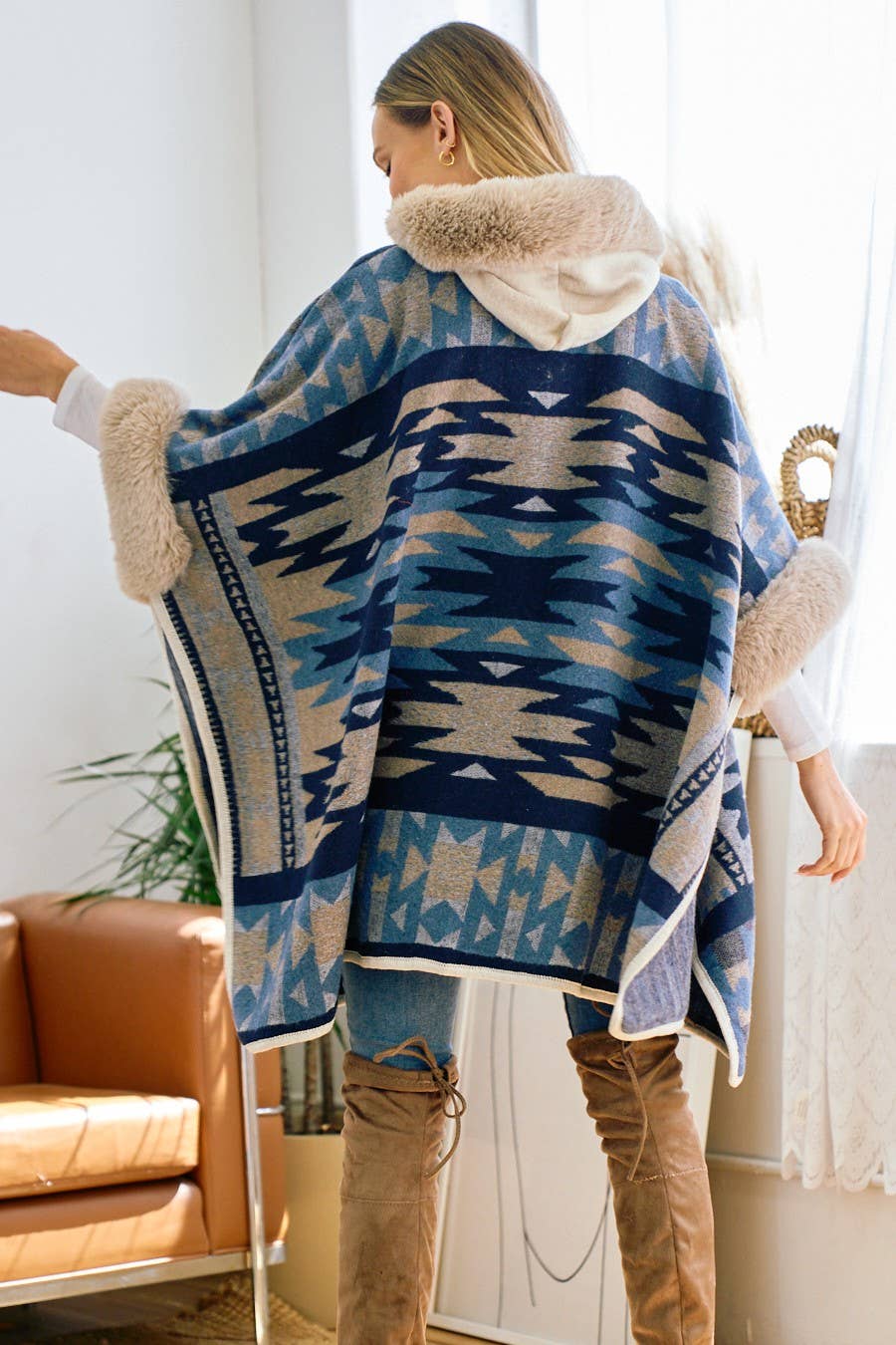 BNS - Aztec Print Hoodie Poncho with Fur Trimmed detail