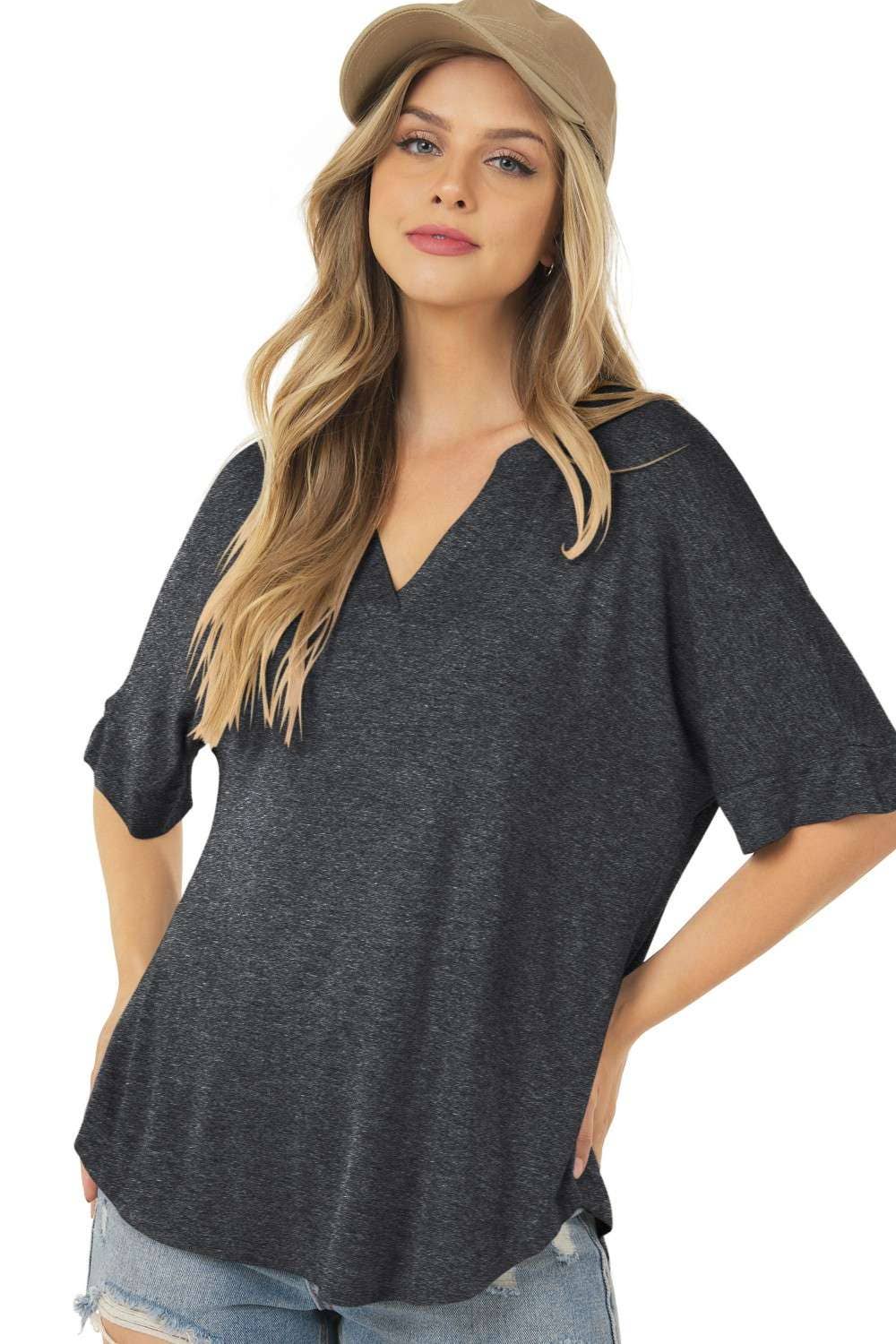 Shop Basic USA - Basic Short Sleeve V Neck Top with Banded Sleeves